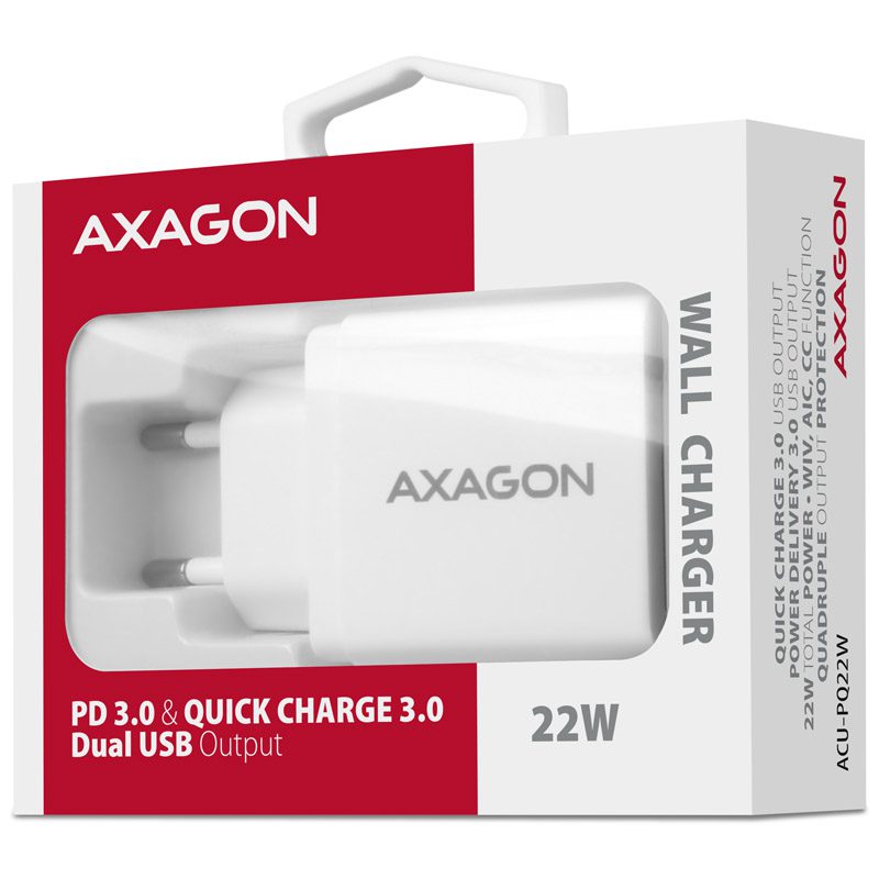 axagon acu pq22w caricabatteria 1x usb c 1x usb a pd30 qc30 22 w bianco